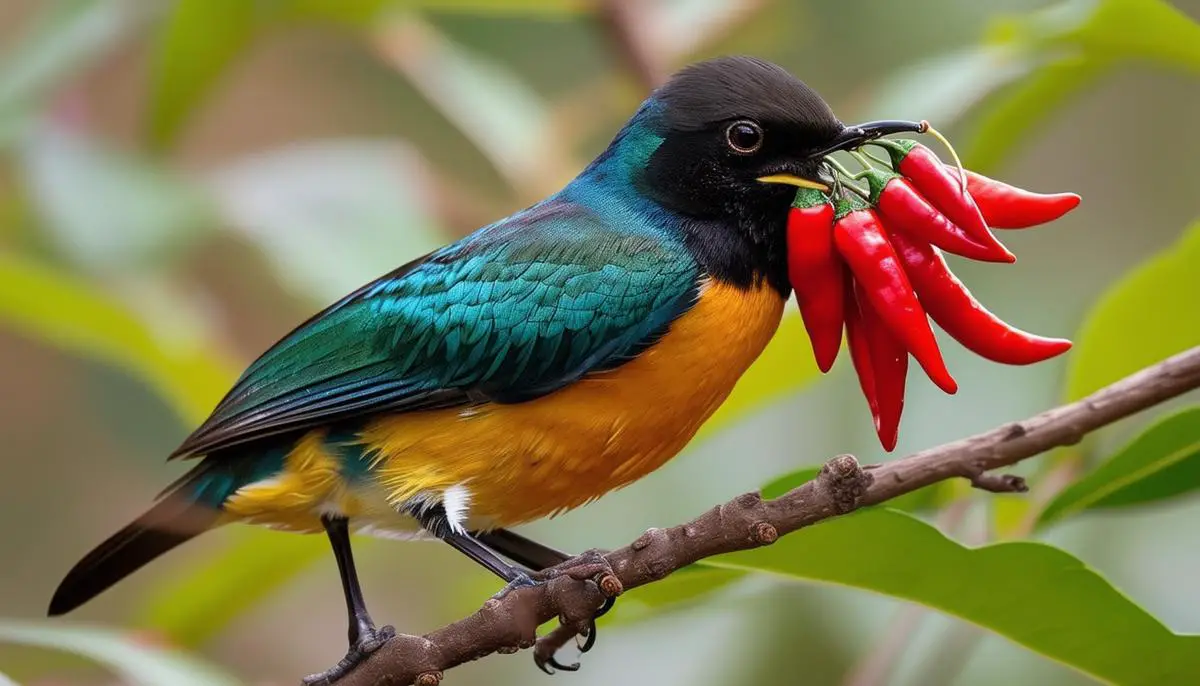 A native bird perched on a branch with tiny red Tepin chili peppers in its beak