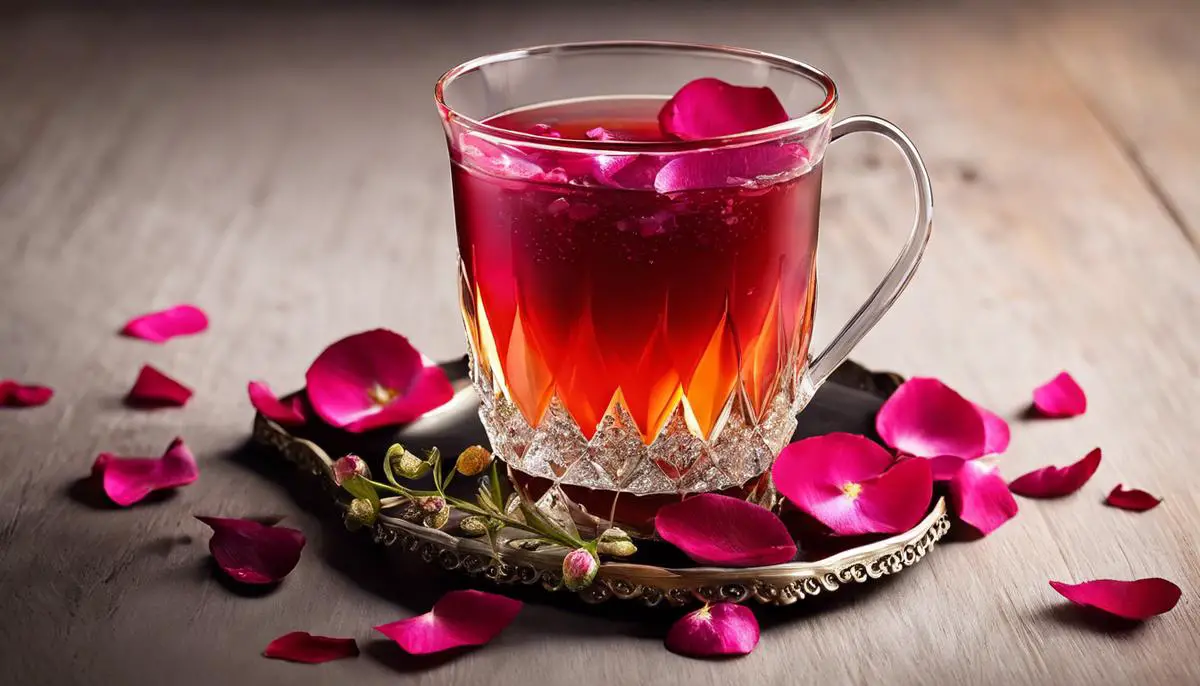 A refreshing glass of Thadal adorned with rose petals and garnished with the four seeds of Char Magaz