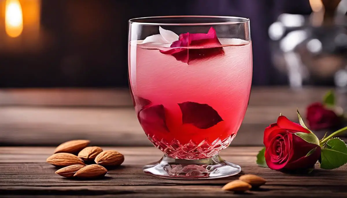 A glass of Thadal with beautifully garnished fresh rose petals and crushed almonds on top of a wooden table.