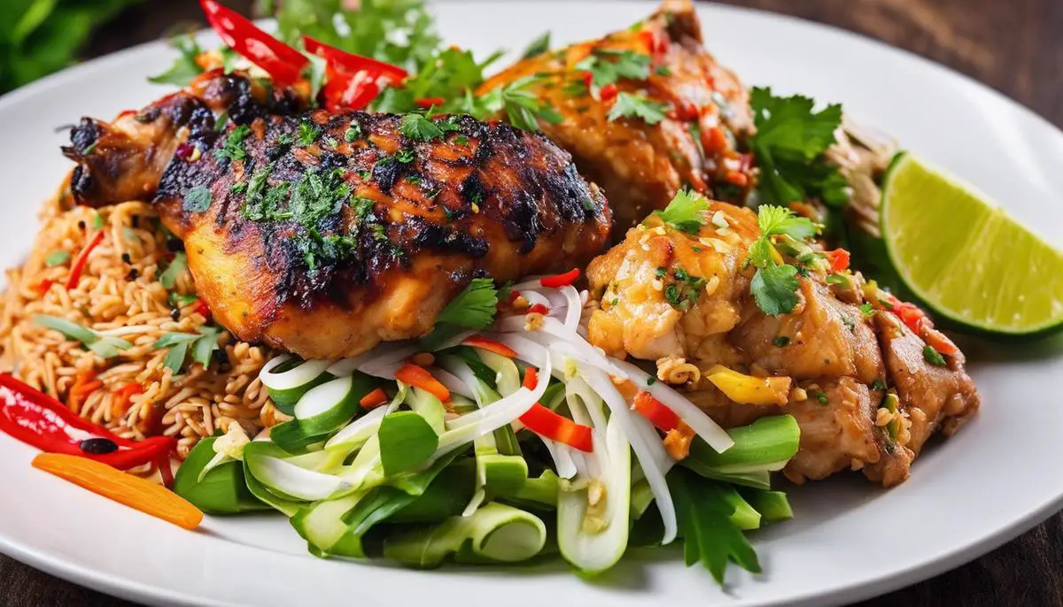 A variety of colorful Thai chicken dishes arranged on a plate, each with unique and vibrant flavors.