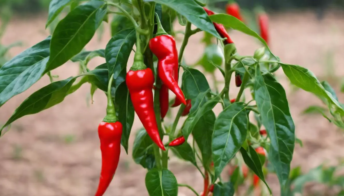 A Thai chili pepper plant with ripe red peppers ready for harvest