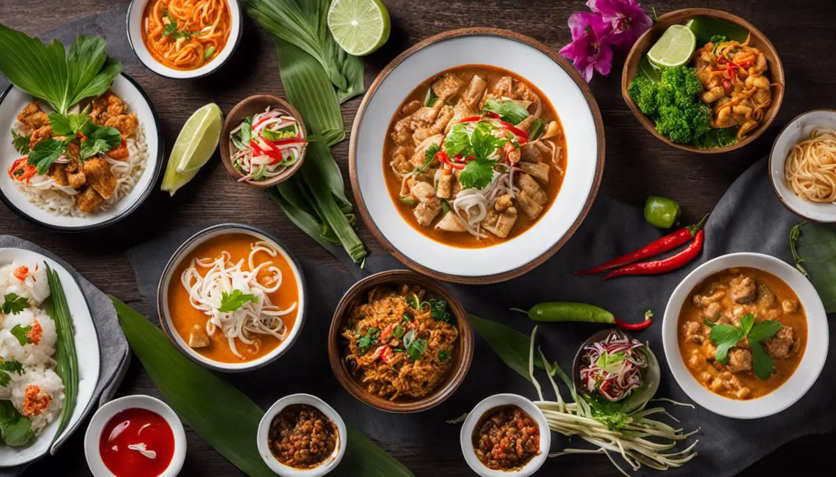 A colorful display of various Thai dishes, showcasing the rich and diverse flavors of Thai cuisine