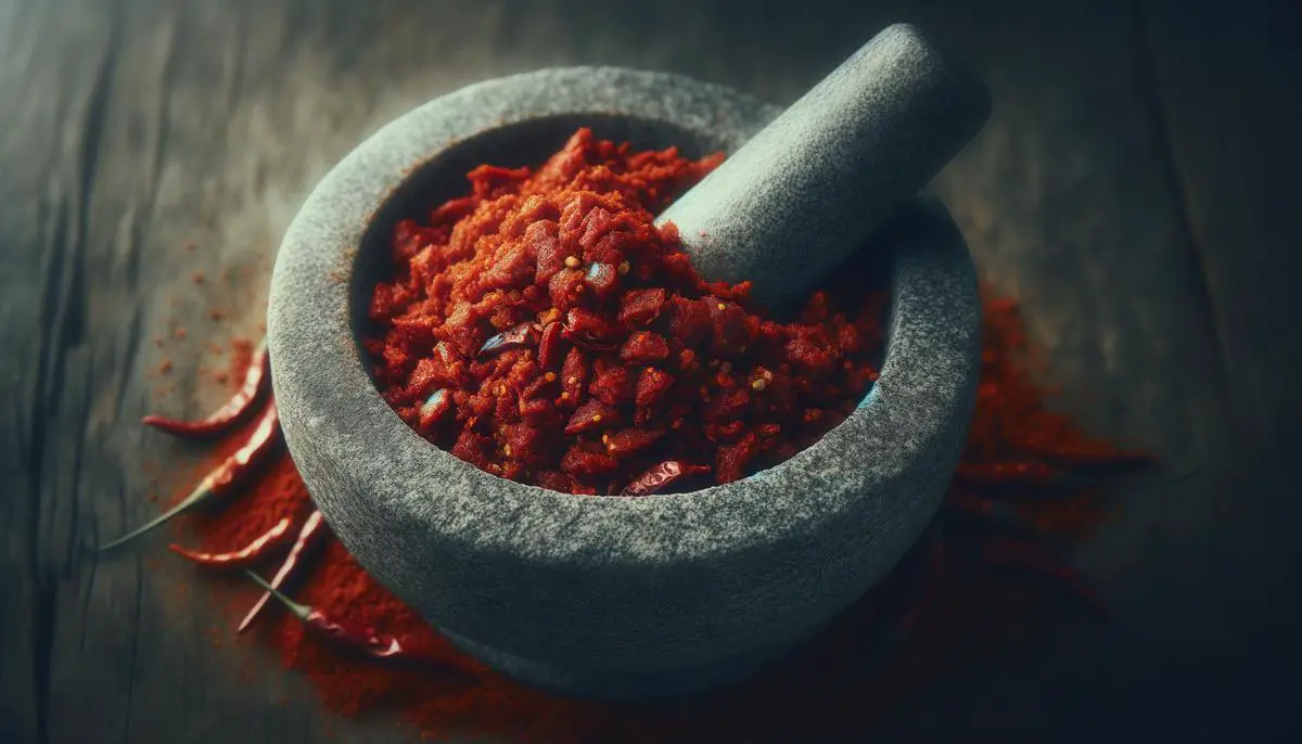 A stone mortar and pestle with a vibrant red Thai curry paste, featuring ground Red Thai chili peppers