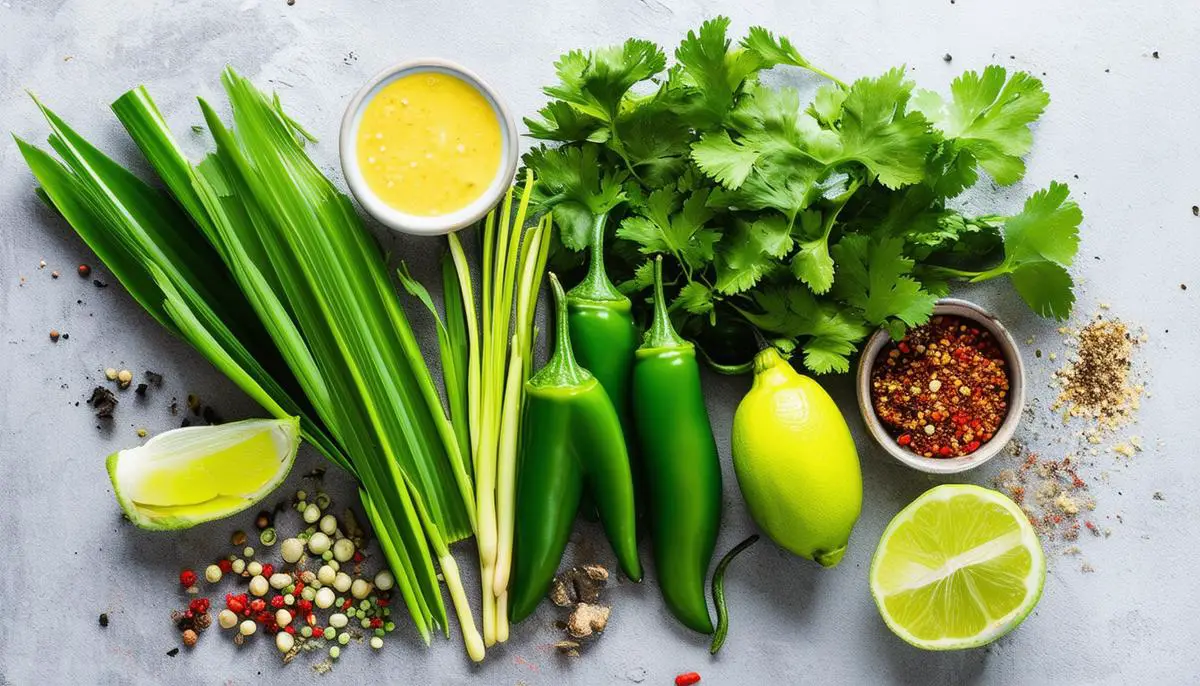 An arrangement of fresh ingredients used to make Thai green curry paste, including green chilies, lemongrass, cilantro, lime, and spices