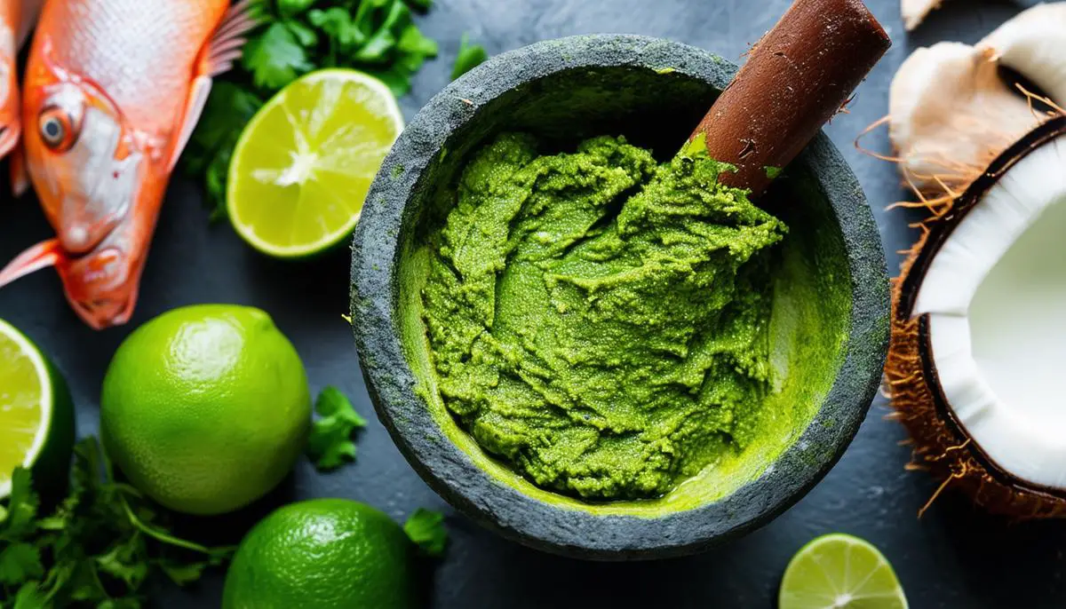 Vibrant green Thai curry paste in a mortar with ingredients like coconut milk, lime, and fish sauce nearby