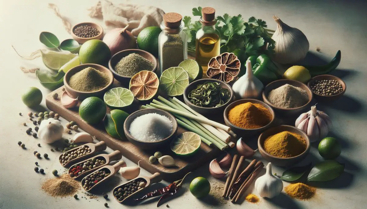 Ingredients used to make Thai green curry powder, including dried spices like lime peel, green chiles, cilantro, basil, and lemongrass