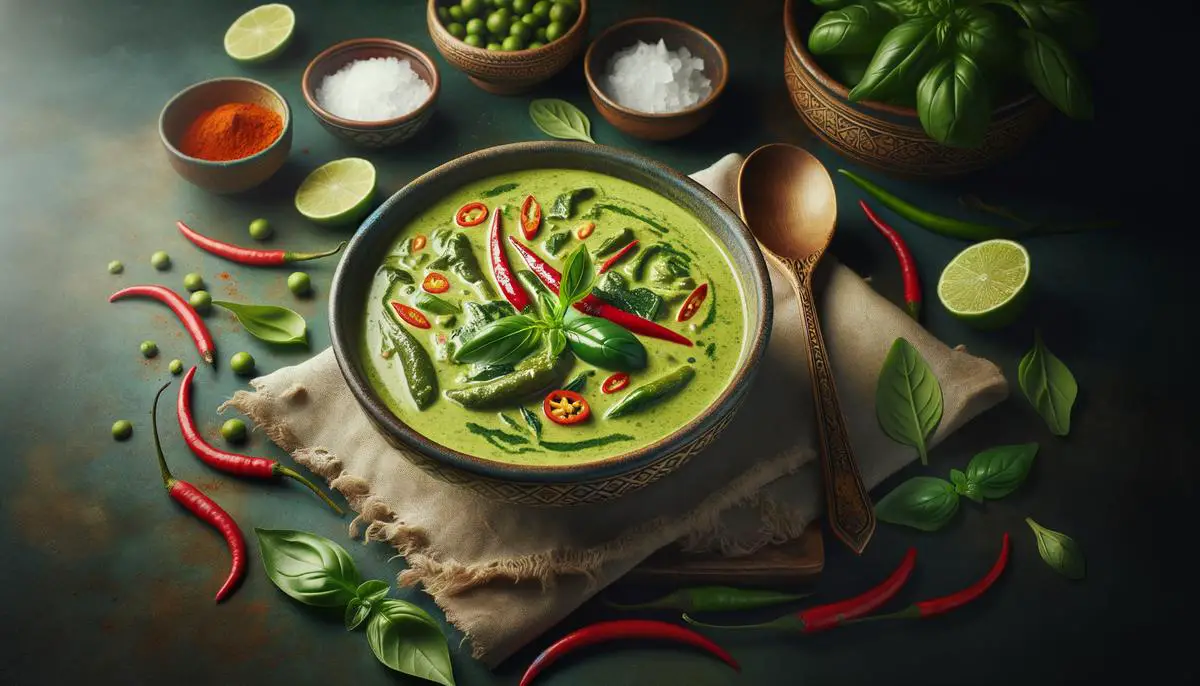 A bowl of Thai green curry with green Thai chili peppers visible