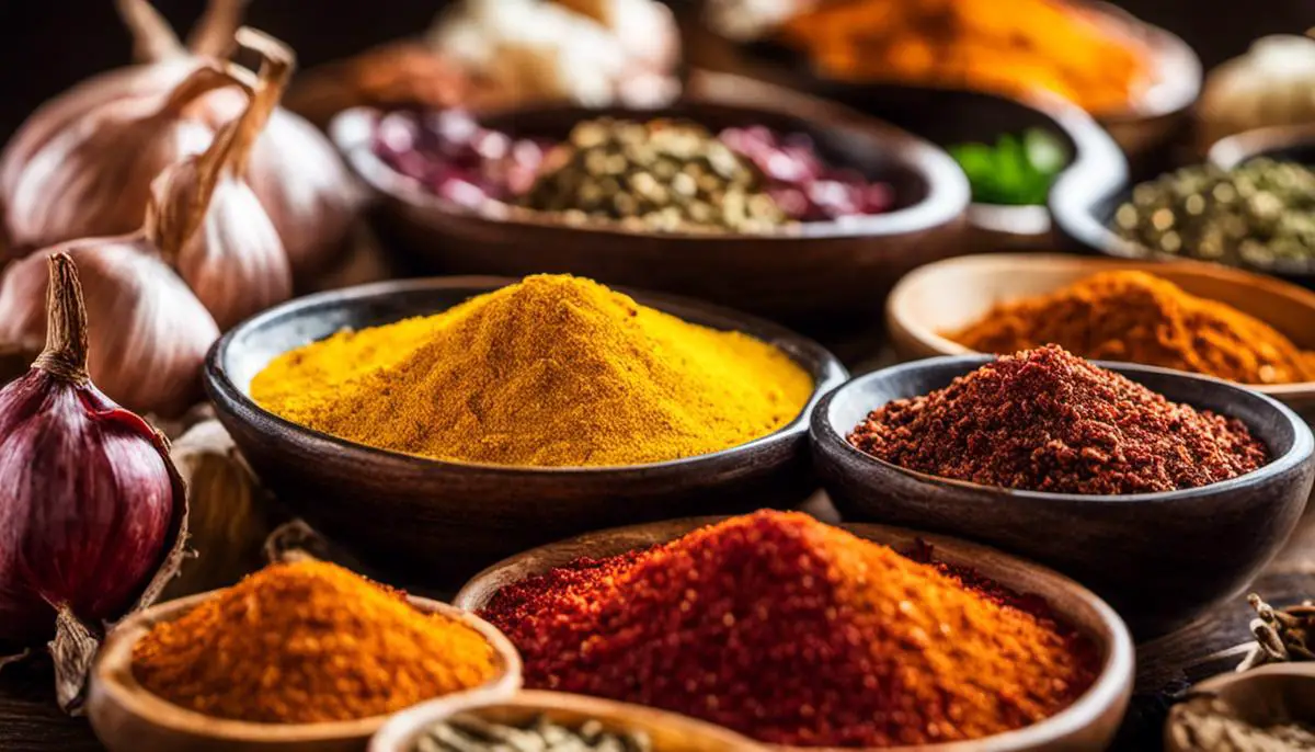 A close-up photo of various Thai spices - garlic, cinnamon, shallots, and shrimp paste, showcasing their vibrant colors and textures.