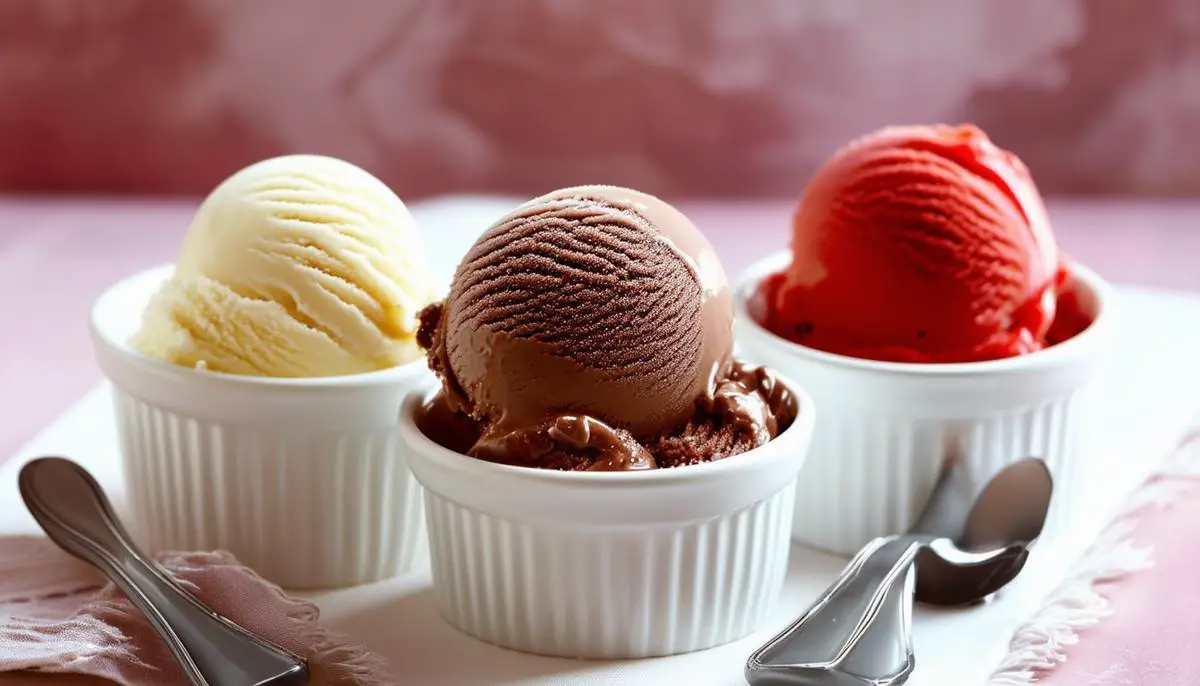 Three scoops of ice cream - vanilla, chocolate and strawberry - in white ramekins with spoons.