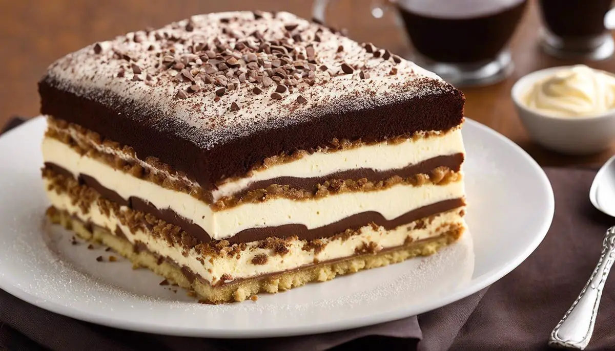 Image of a deliciously chilled tiramisu, with distinct layers of ladyfingers, mascarpone, and cocoa sprinkles.