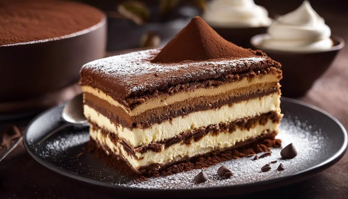 A close-up image of a beautifully layered tiramisu dessert with cocoa powder dusted on top.