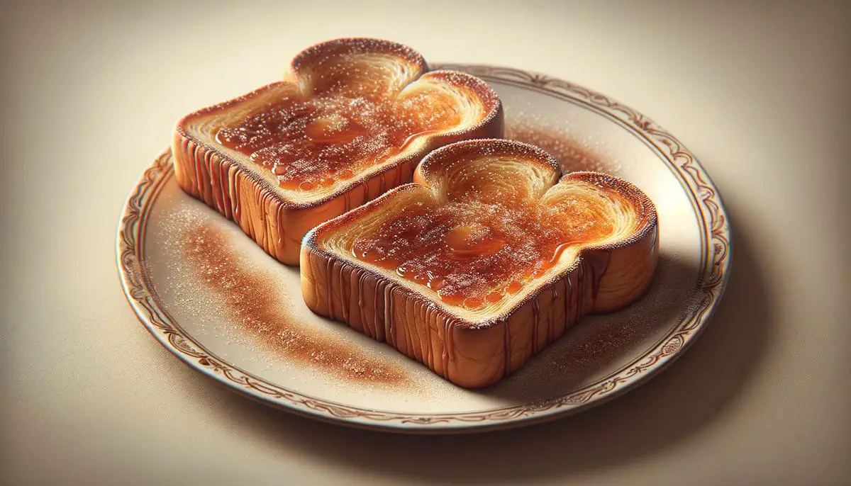 Crispy toasted brioche slices with a sweet cinnamon sugar glaze, served on a plate