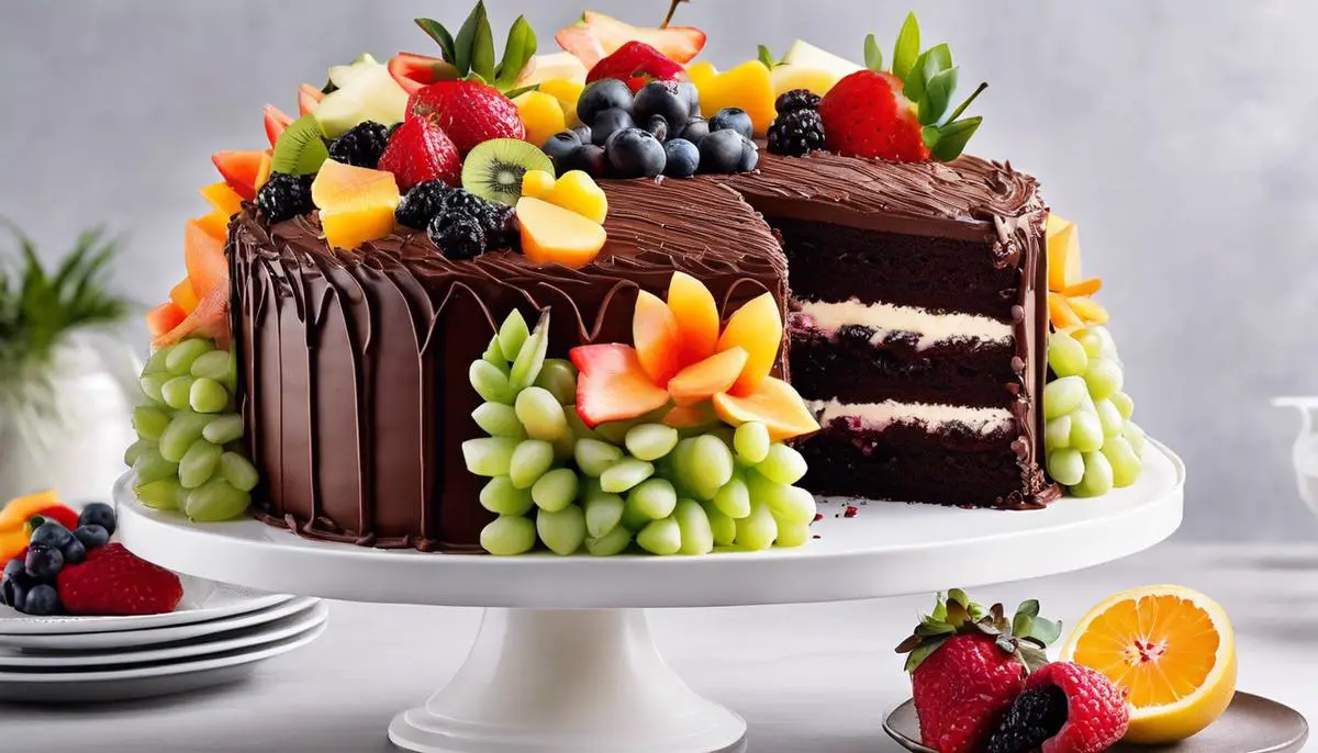 A beautifully decorated torte with layers of frosting, chocolate collar, piping patterns, and fresh fruits. The cake is a visual symphony of colors and textures, ready to be admired and enjoyed.