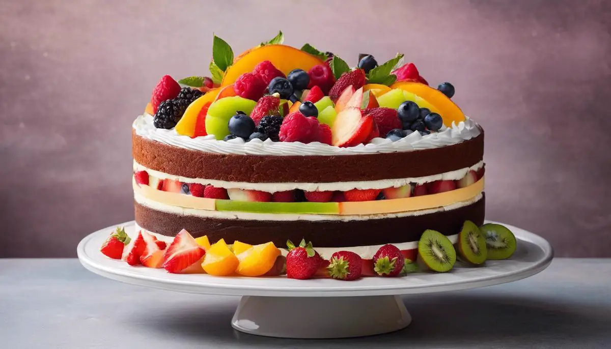 Image description: An image of a perfectly layered torte with various colorful fruits on top