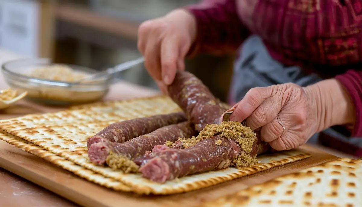 A woman stuffing a beef intestine casing with a matzo meal filling to make traditional kishka