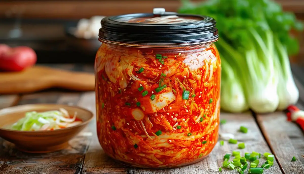 A large glass jar filled with bright red traditional Korean kimchi, with Napa cabbage, green onions, and carrots visible, on a rustic wooden table.