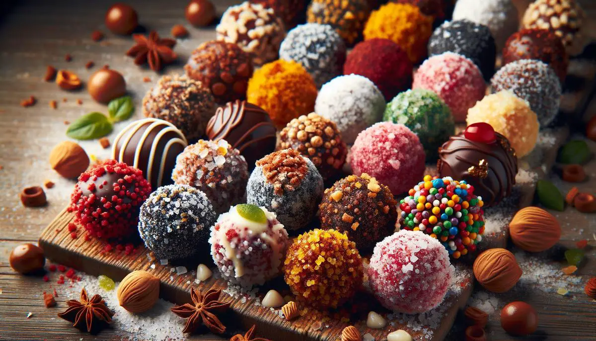 A close-up image of delicious rum balls coated in powdered sugar, nuts, and rainbow sprinkles, ready to be enjoyed