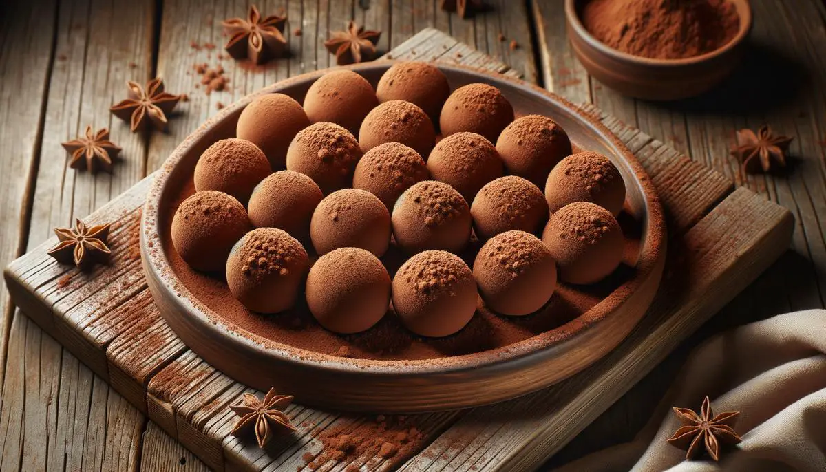 A close-up image of perfectly shaped rum balls coated in cocoa powder on a wooden tray