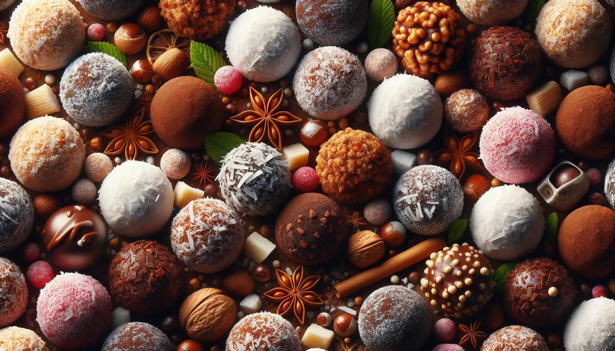 A close-up image of delicious rum balls coated in powdered sugar, cocoa powder, and crushed nuts, ready to be served at a holiday gathering.
