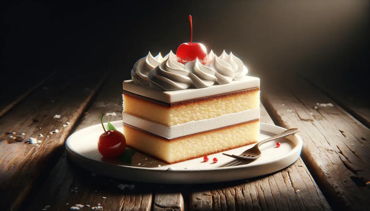 A delicious slice of tres leches cake topped with whipped cream and a cherry on a white plate, ready to be served