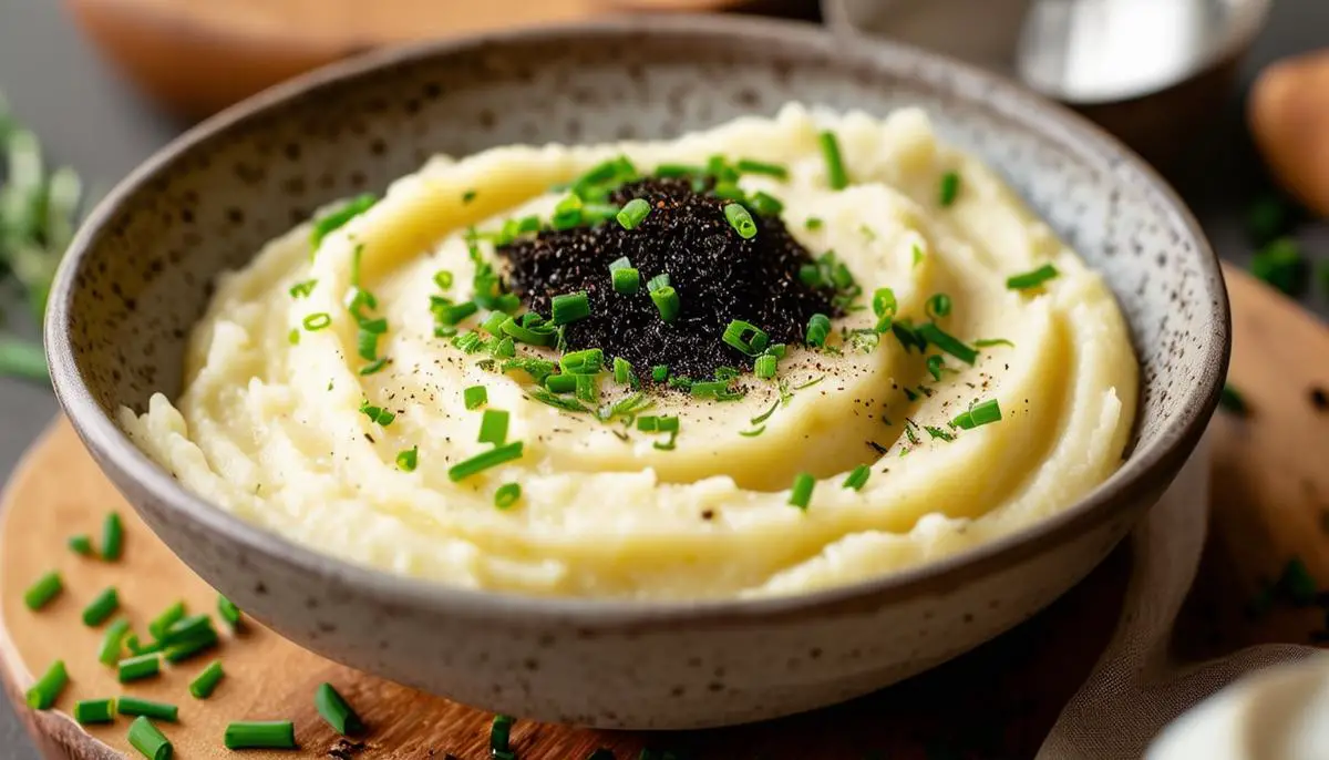 A bowl of smooth and creamy truffle potato puree topped with chives and black truffle shavings
