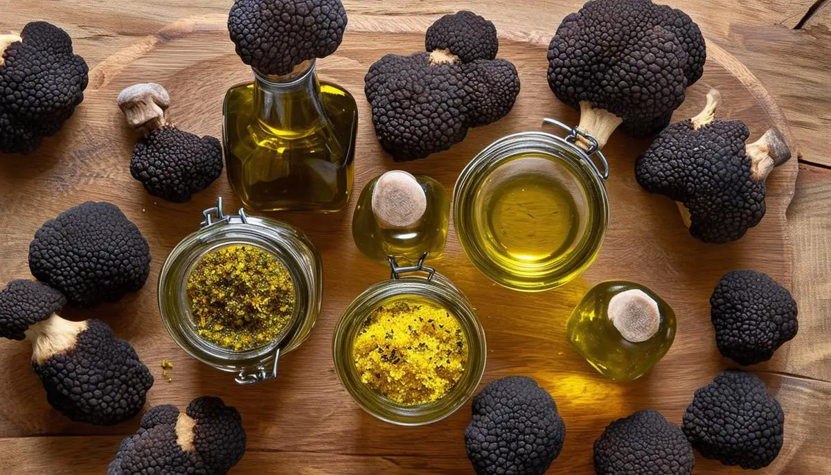 Bottles of truffle oil, jars of truffle zest and paste, arranged on a wooden cutting board. Fresh black truffles are scattered around.