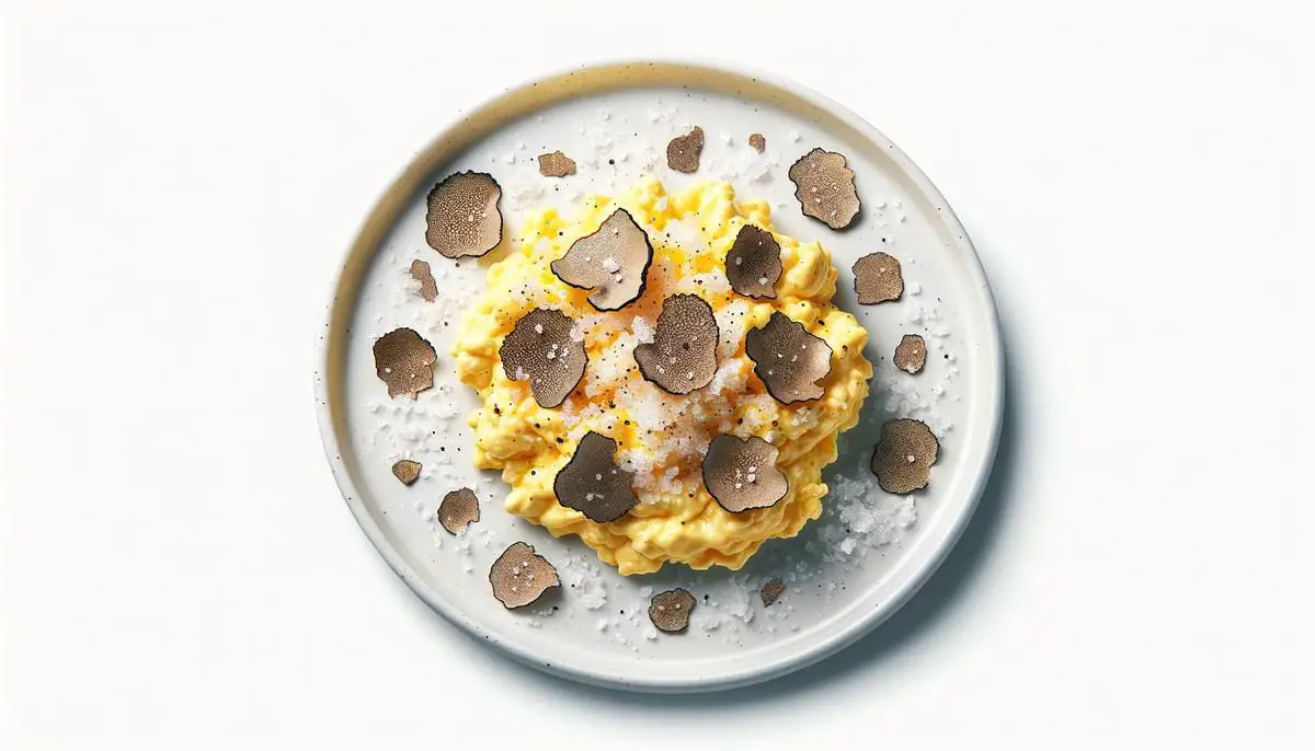 Scrambled eggs seasoned with truffle salt, served on a white plate