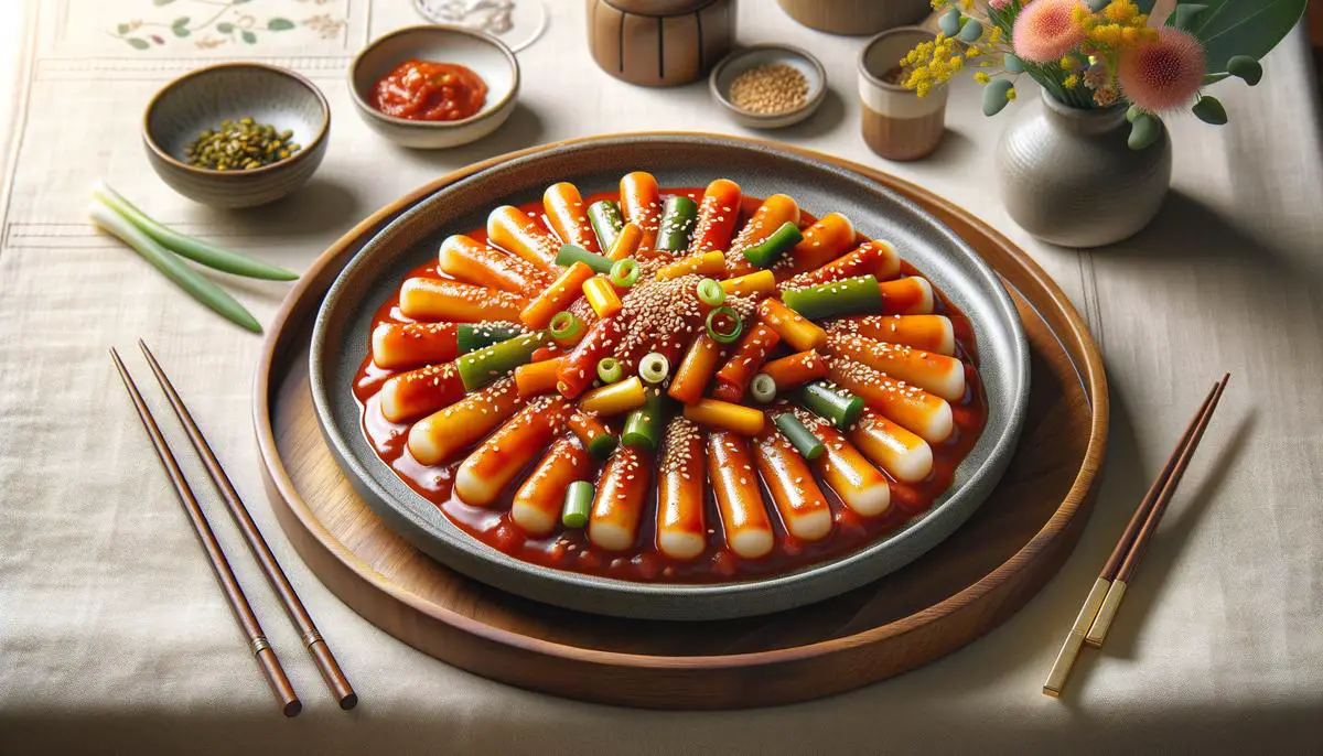 A plate of tantalizing Tteokbokki, beautifully presented with vibrant colors and garnishes.. Avoid using words, letters or labels in the image when possible.