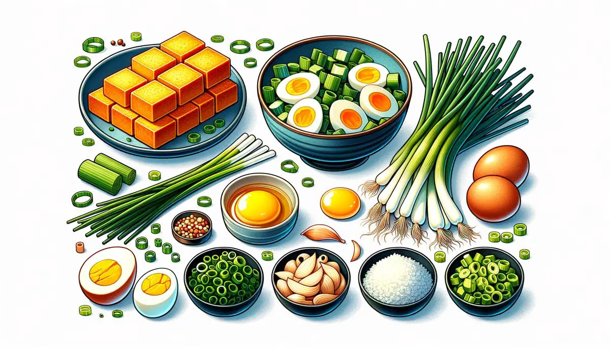 various ingredients such as fish cake, boiled eggs, and green onions used in Tteokbokki preparation. Avoid using words, letters or labels in the image when possible.