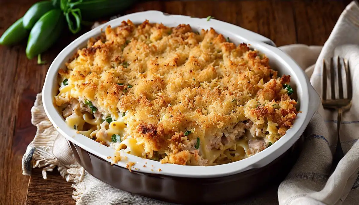 A delicious tuna noodle casserole with the cheesy top layer and golden brown panko breadcrumbs.