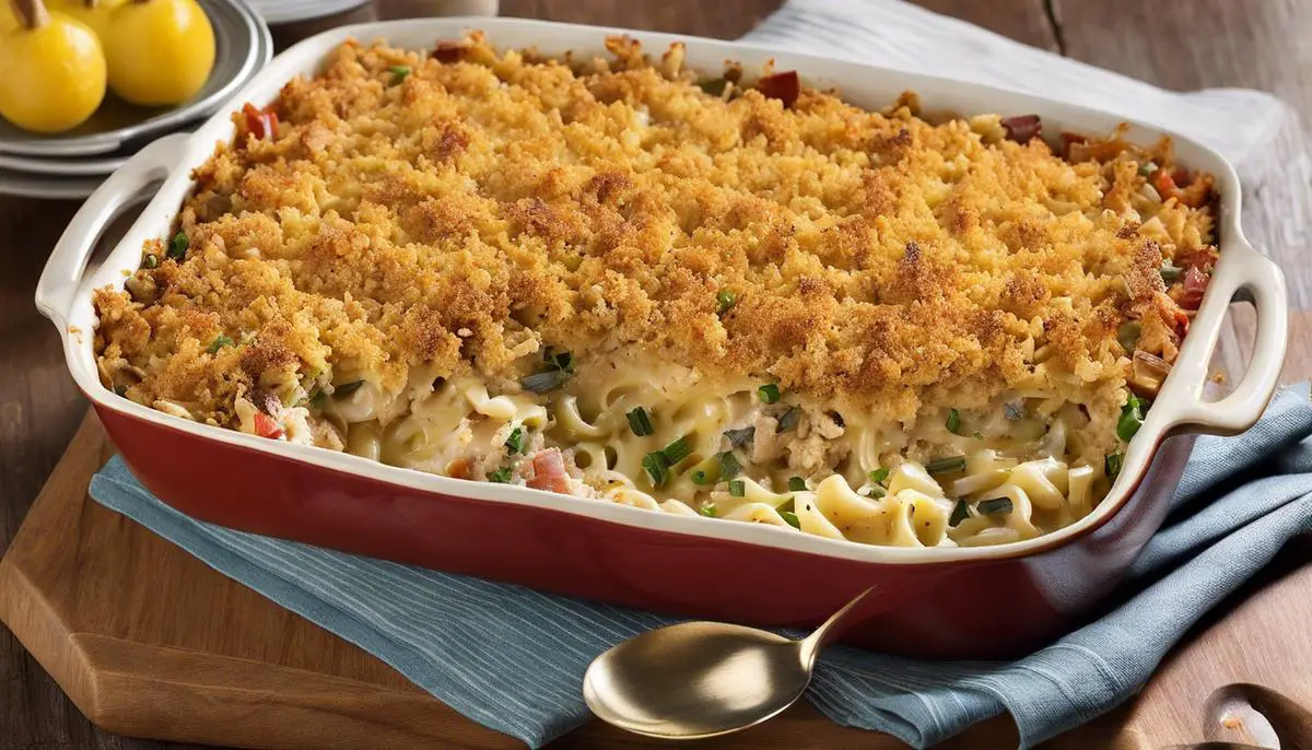 A delicious tuna noodle casserole topped with golden breadcrumbs and surrounded by ingredients and utensils.