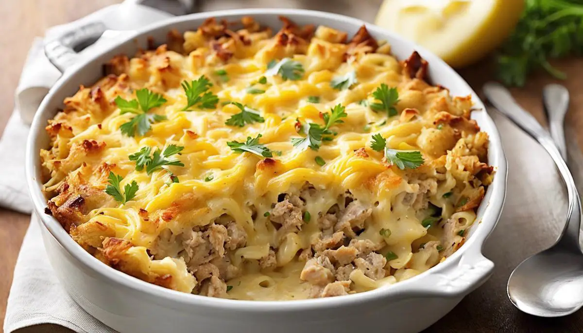 A delicious-looking tuna noodle casserole with a golden-brown top and cheese melted into every seam.
