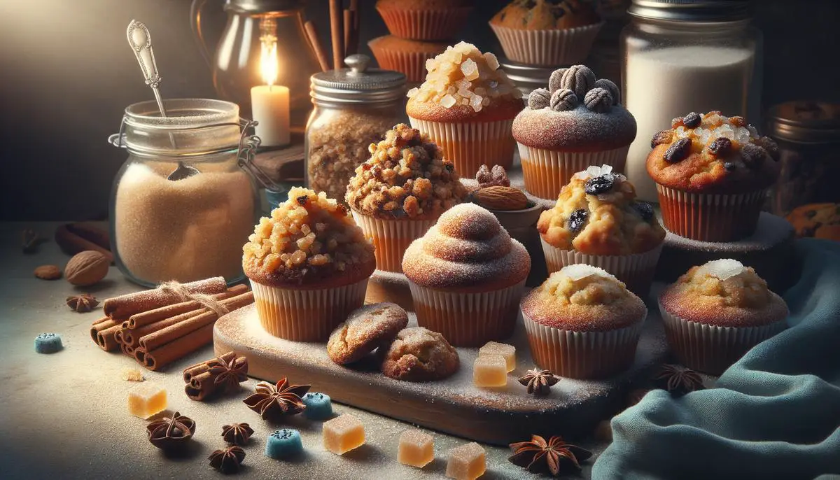 A collage of baked goods showcasing the various applications of turbinado sugar, such as in crumble toppings, streusel, and as a finishing sprinkle on muffins and cookies.
