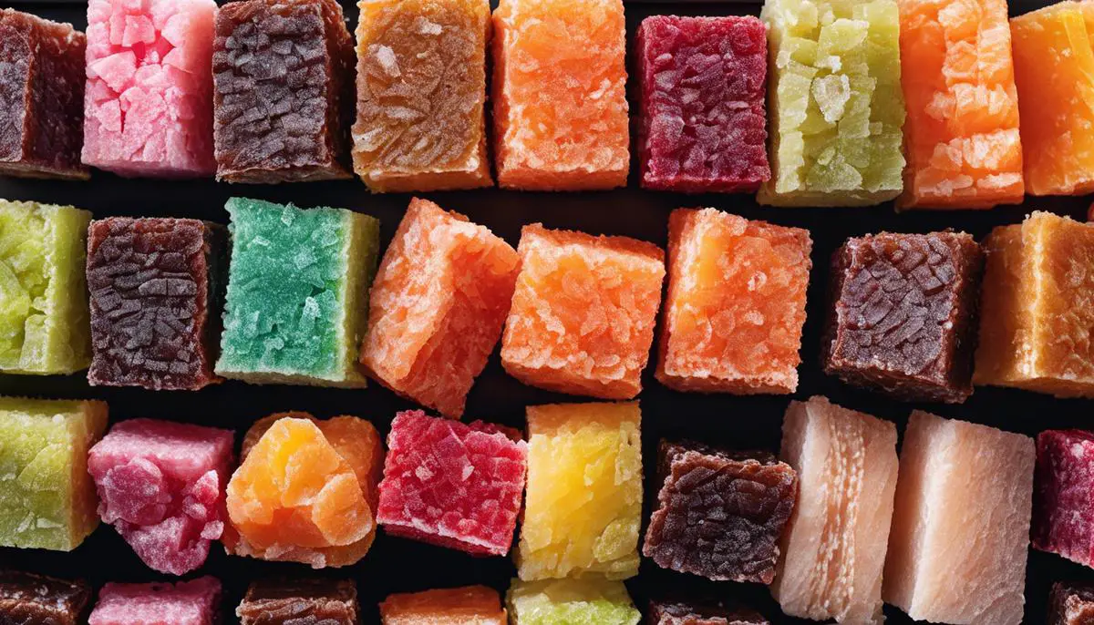 A variety of Turkish Delight flavors in different colors and textures