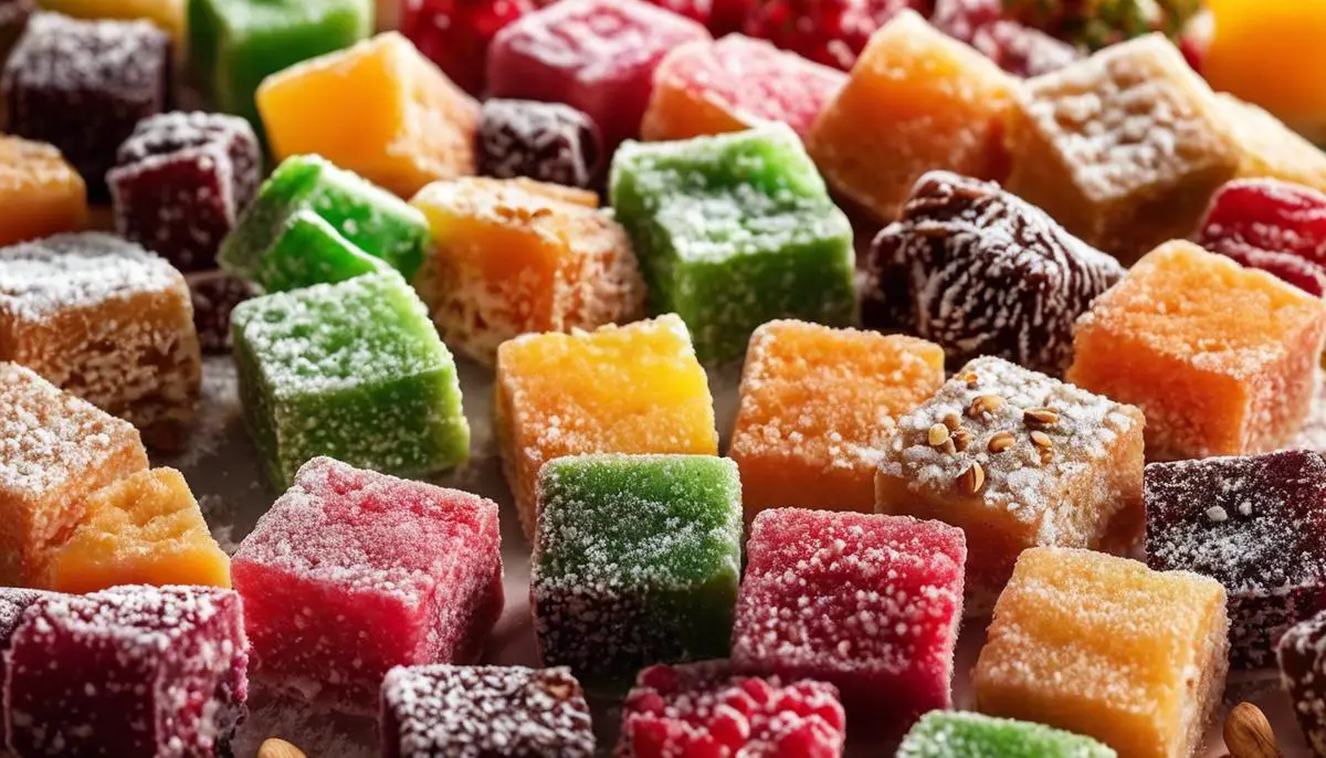 Image of Turkish Delight candy - colorful, chewy squares dusted with powdered sugar and studded with nuts and fruits.
