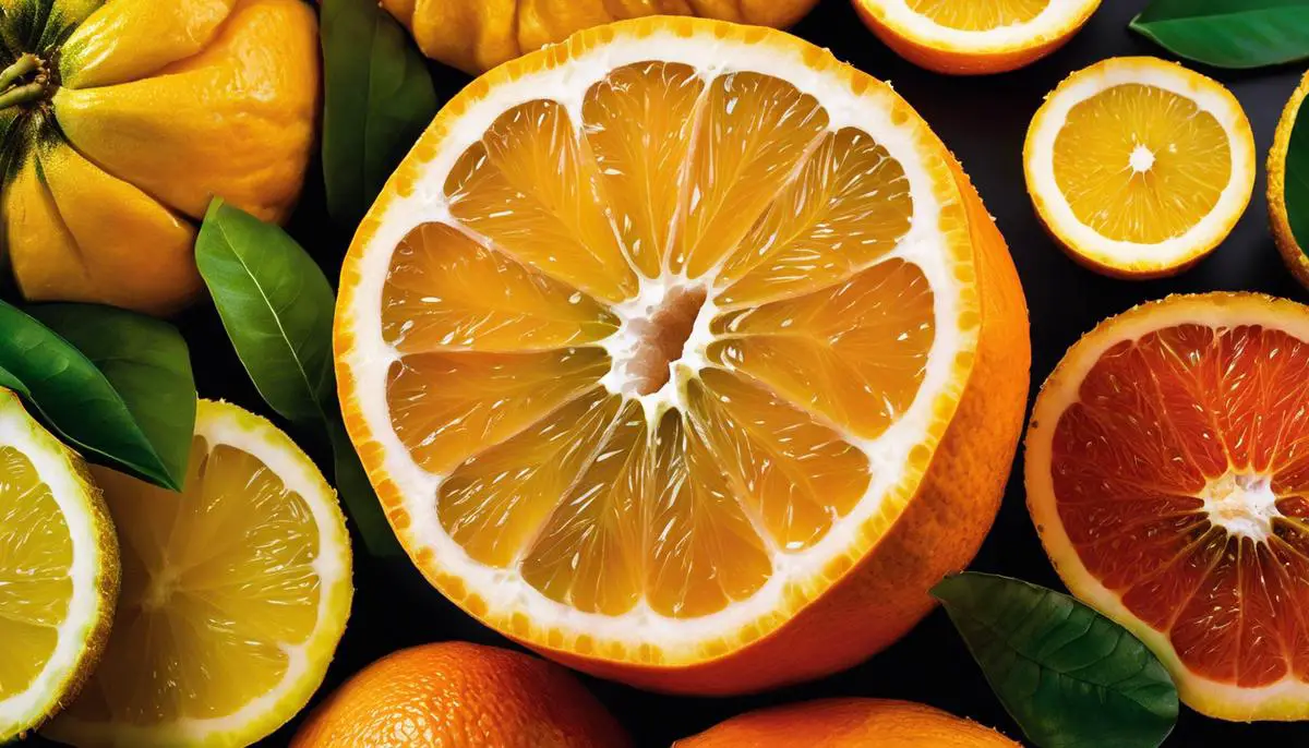 A close-up image of a sliced ugli fruit, showcasing its vibrant orange flesh, with dashes of green and yellow. It is surrounded by several whole ugli fruits, which have a bumpy and irregular skin texture.