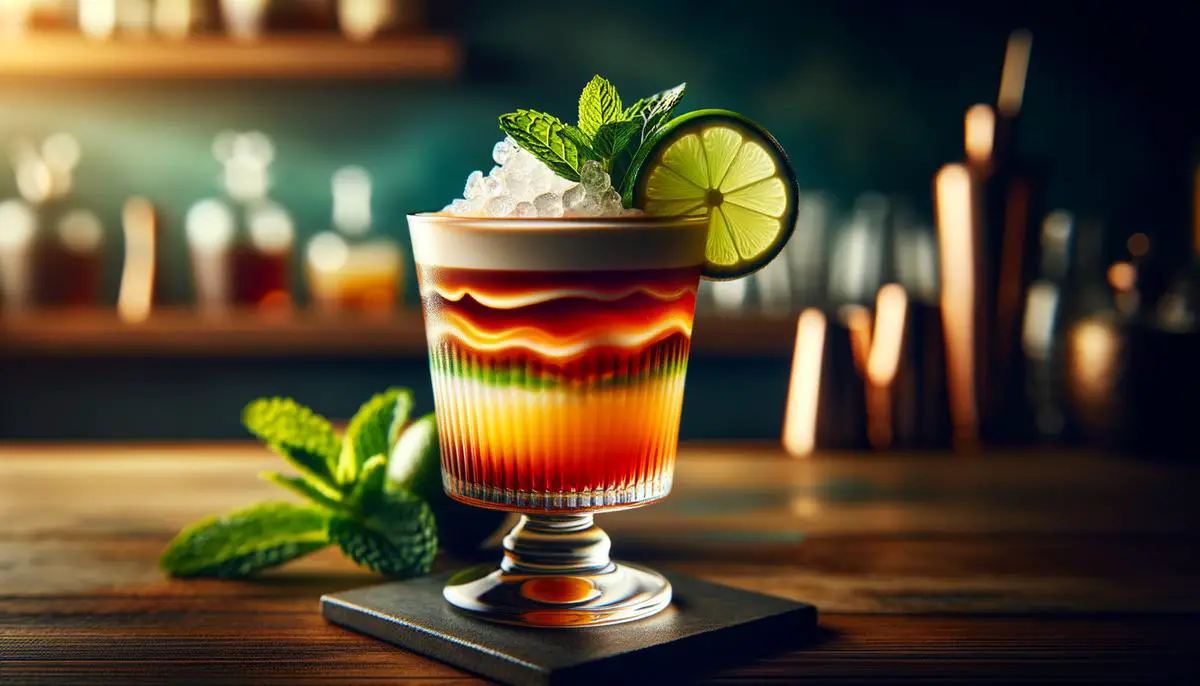 a perfectly balanced Mai Tai cocktail with intricate layers of flavors
