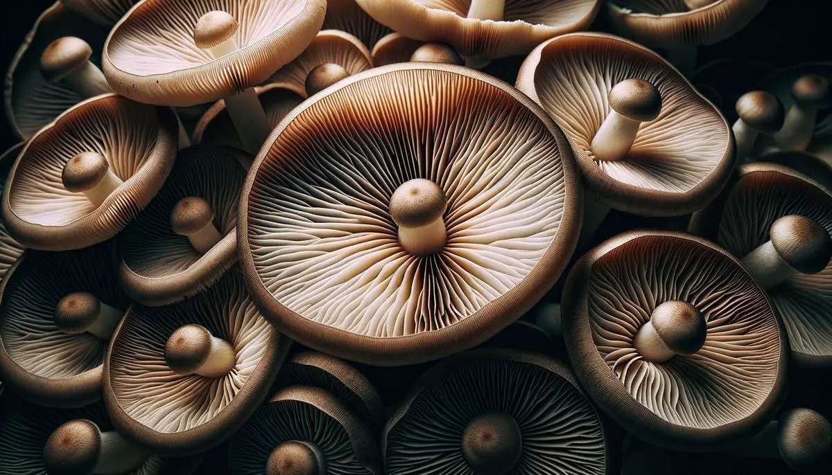 Close up of the underside of cremini mushroom caps, showing the gills and veils