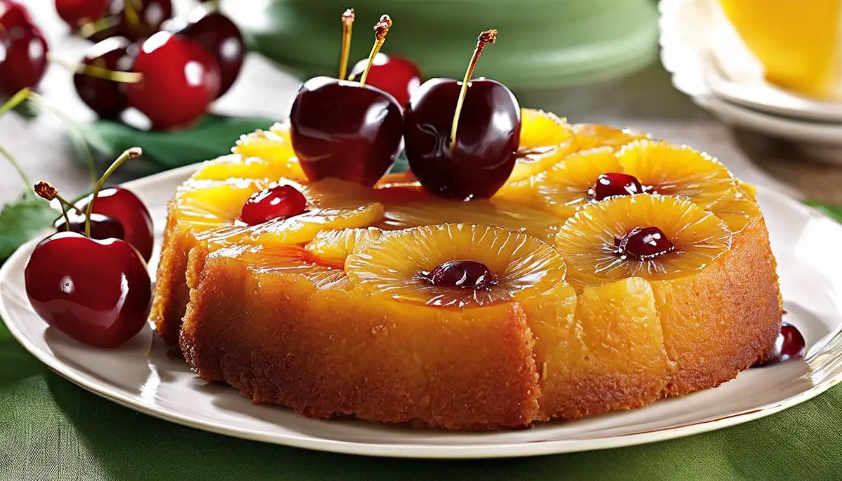 A delicious upside-down cake made with caramelized pineapple rings and a moist cake topped with cherries. Celebrate the sweetness of the tropics.