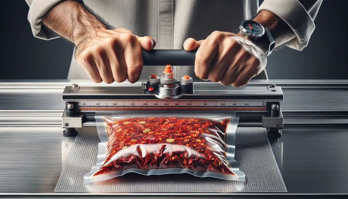 Hands vacuum sealing a package of gochugaru to remove air and extend shelf life