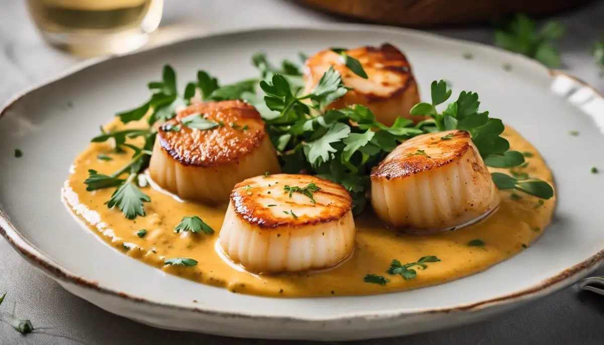 A plate of seared scallops in a creamy vadouvan curry sauce garnished with fresh herbs