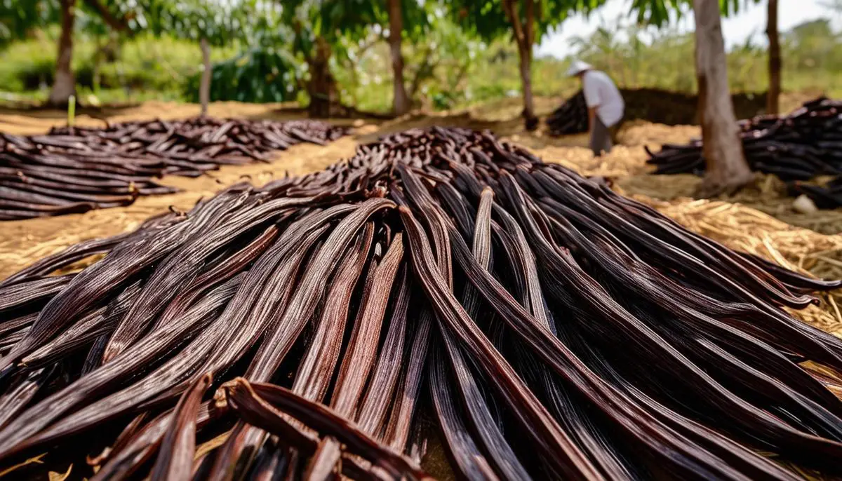 Rows of brown vanilla beans laid out to cure under the sun, showcasing the traditional curing process.