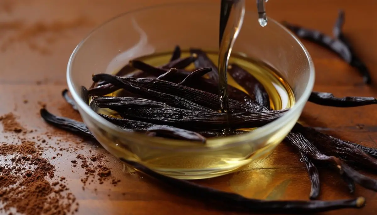Crushed vanilla beans steeping in alcohol and water to extract the flavors