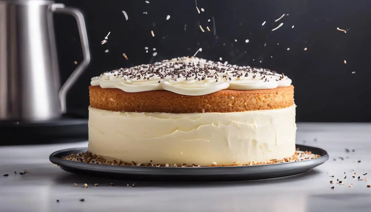 A mouthwatering image of a vanilla cake with creamy frosting and a sprinkling of vanilla beans on top