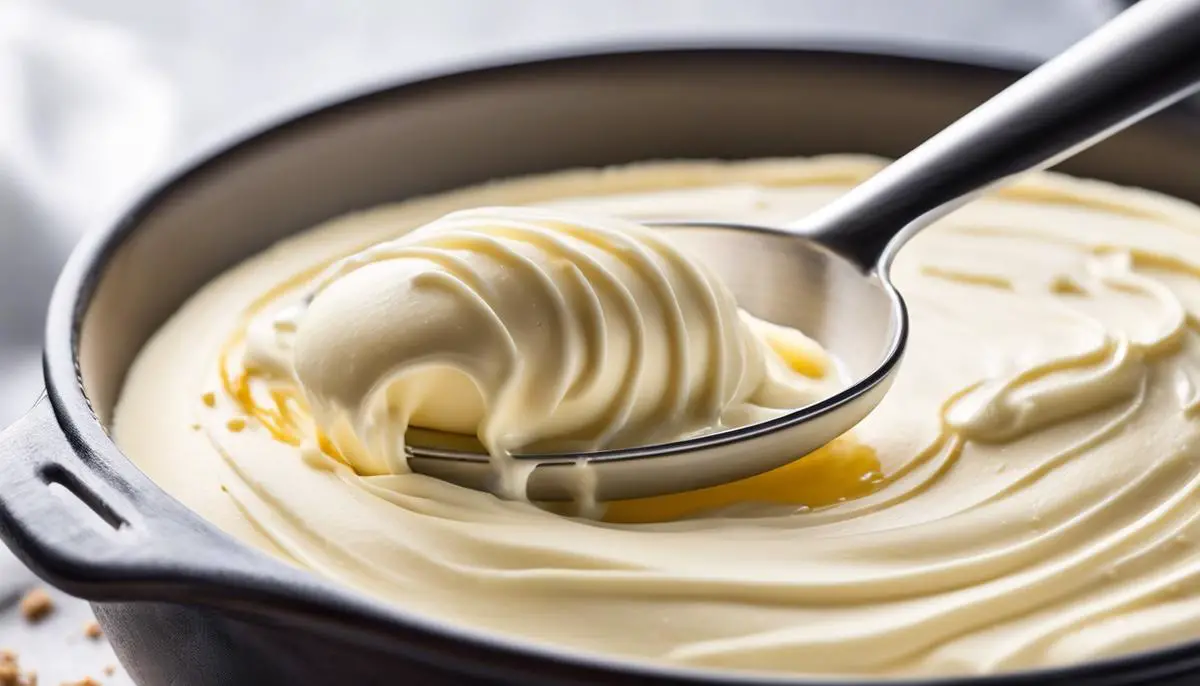 A close-up image of vanilla cake batter in a mixing bowl, showing its creamy texture and a whisk resting on the side of the bowl.