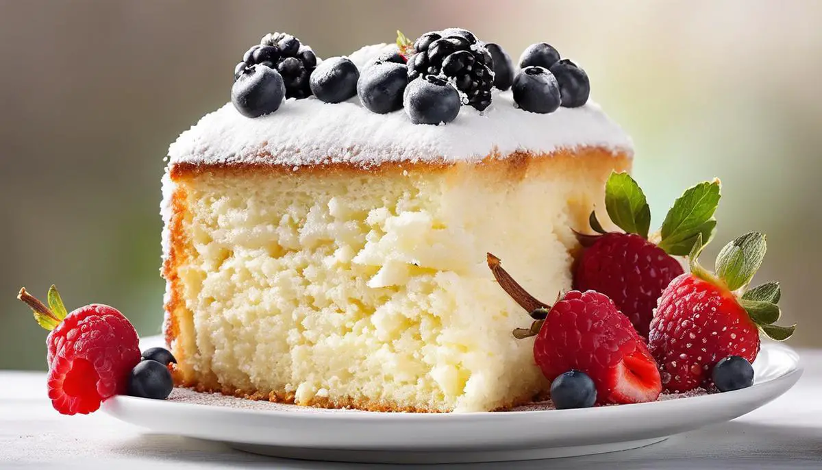 A slice of moist and fluffy vanilla cake topped with a sprinkle of powdered sugar and surrounded by fresh berries.