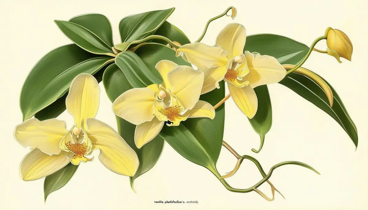 An illustration of the Vanilla planifolia orchid, showcasing its vine-like growth habit, leaves, and pale yellow flowers.