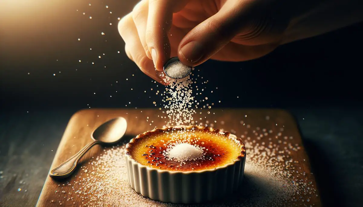 A hand sprinkling golden-colored vanilla salt flakes onto the caramelized sugar crust of a crème brûlée dessert.