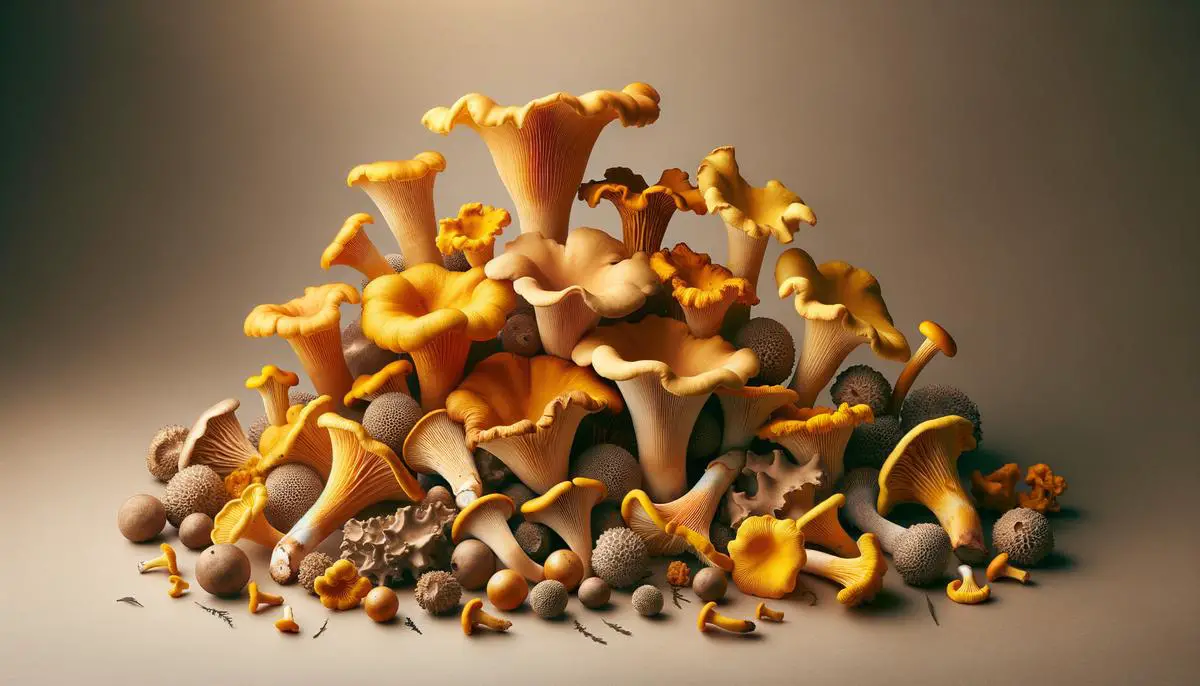 Various types of chanterelle mushrooms in different colors and shapes