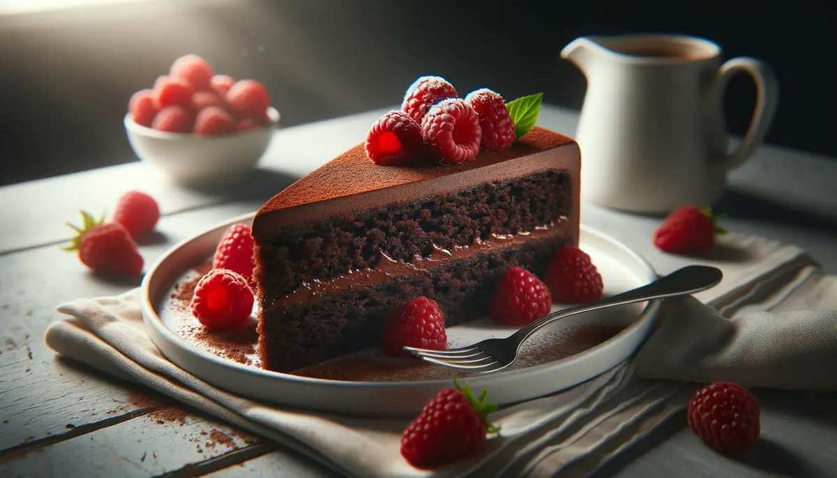A slice of moist, decadent vegan chocolate cake on a white plate, garnished with fresh raspberries for added color and flavor